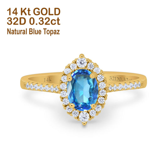 14K Yellow Gold 1.53ct Oval Natural Blue Topaz G SI Diamond Engagement Ring Size 6.5