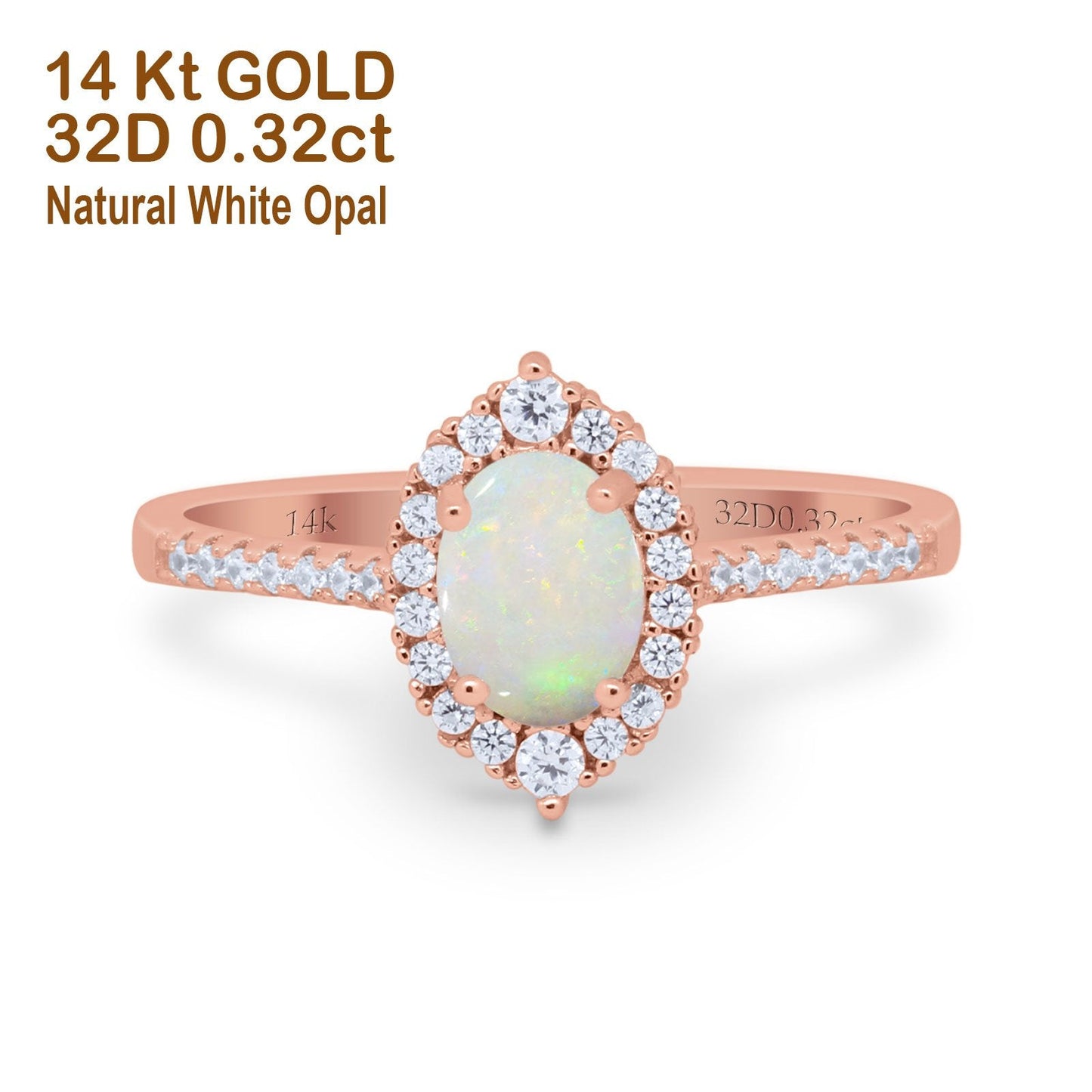 14K Rose Gold 0.32ct Oval Natural White Opal G SI Diamond Engagement Ring Size 6.5