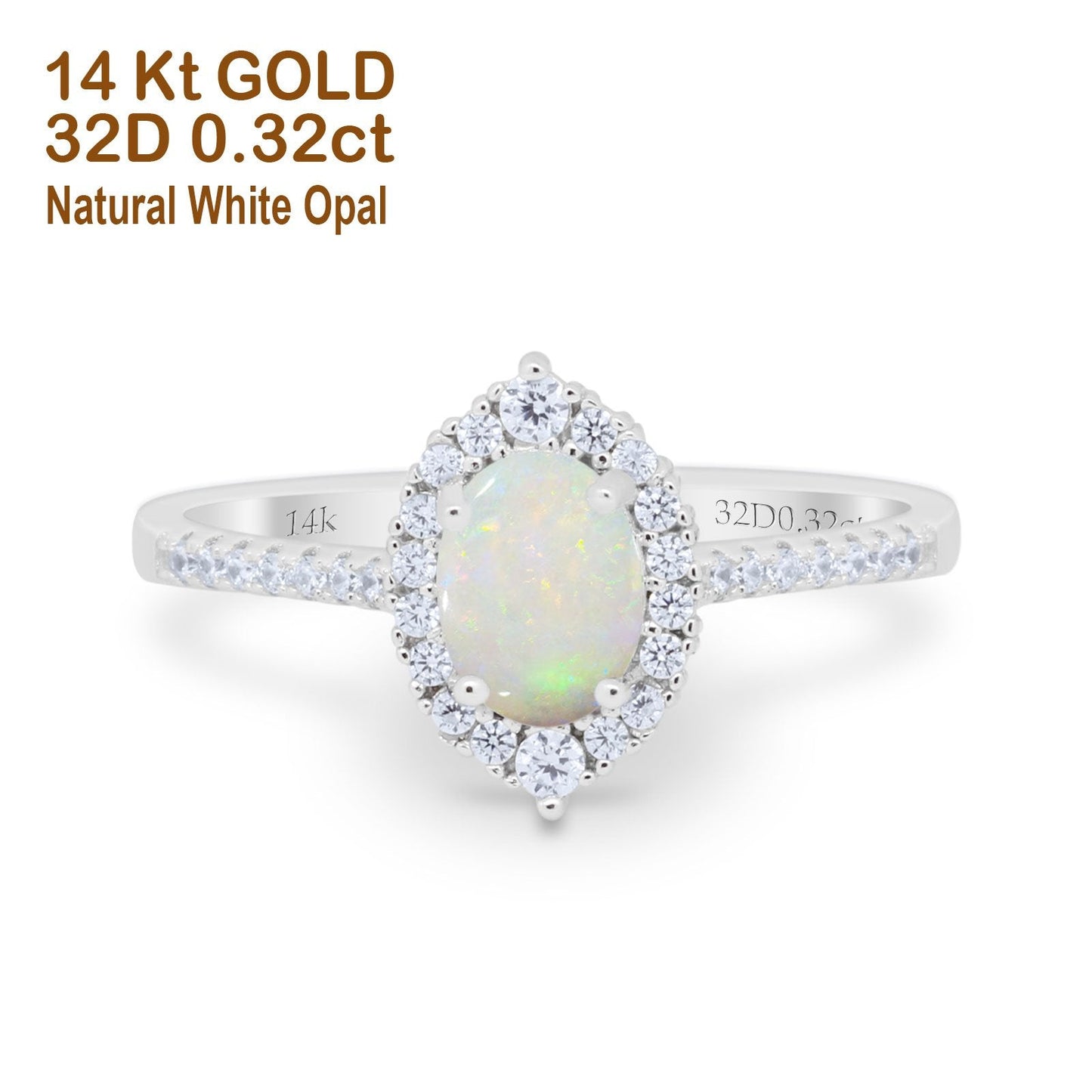 14K White Gold 0.32ct Oval Natural White Opal G SI Diamond Engagement Ring Size 6.5