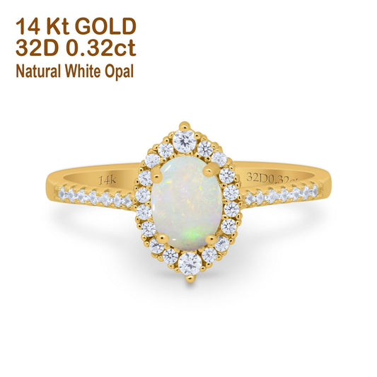 14K Yellow Gold 0.32ct Oval Natural White Opal G SI Diamond Engagement Ring Size 6.5