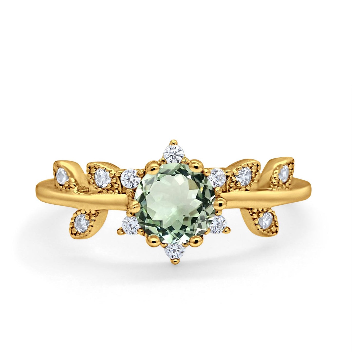 14K Yellow Gold Round Natural Green Amethyst G SI 1.02ct Diamond Engagement Ring Size 6.5