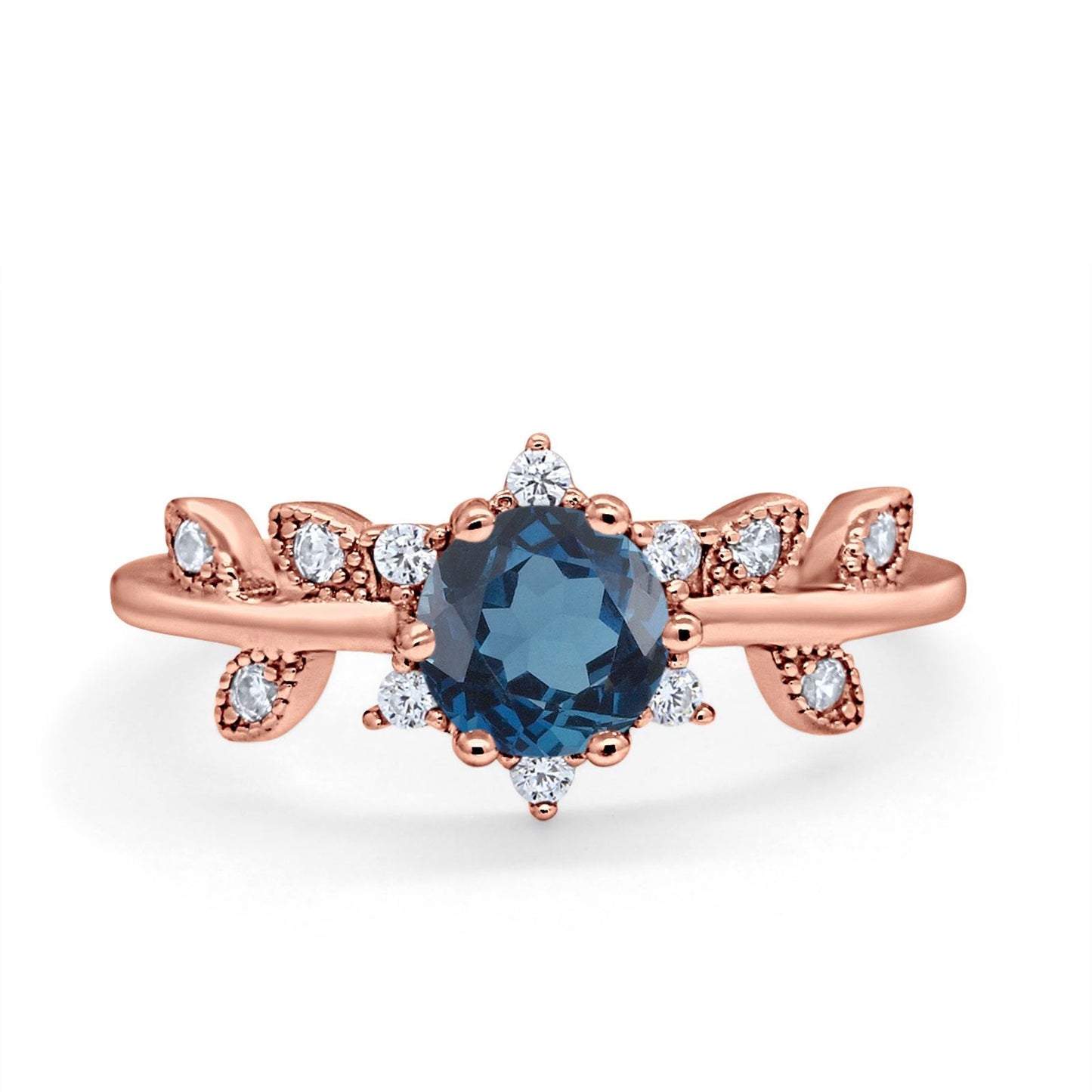 14K Rose Gold Round London Blue Topaz G SI 1.02ct Diamond Engagement Ring Size 6.5