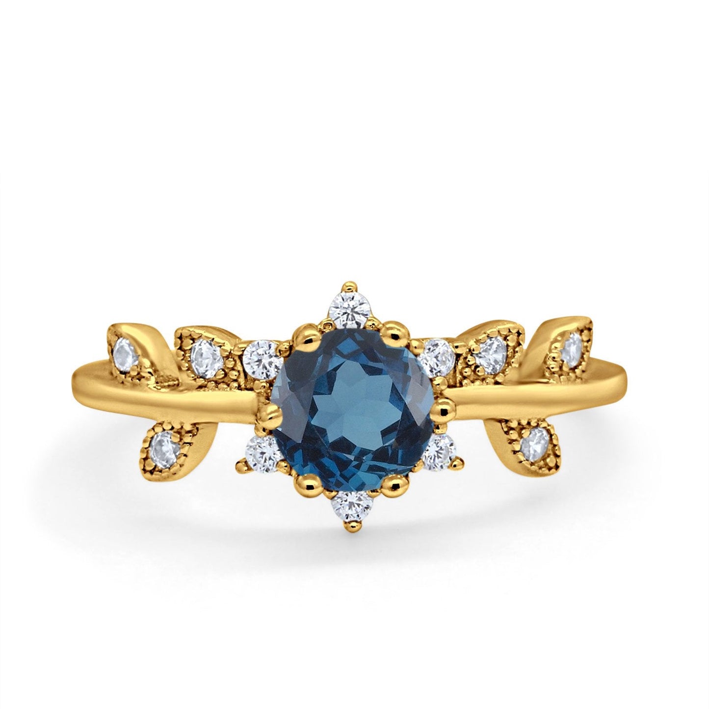 Bague de fiançailles en or jaune 14 carats avec topaze bleue de Londres ronde G SI 1,02 ct et diamant taille 6,5