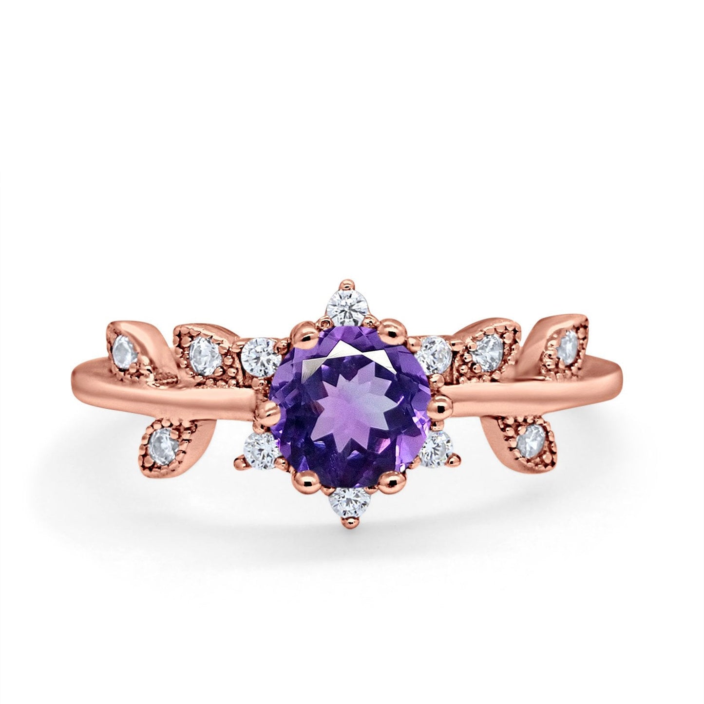 14K Rose Gold Round Natural Amethyst G SI 1.02ct Diamond Engagement Ring Size 6.5