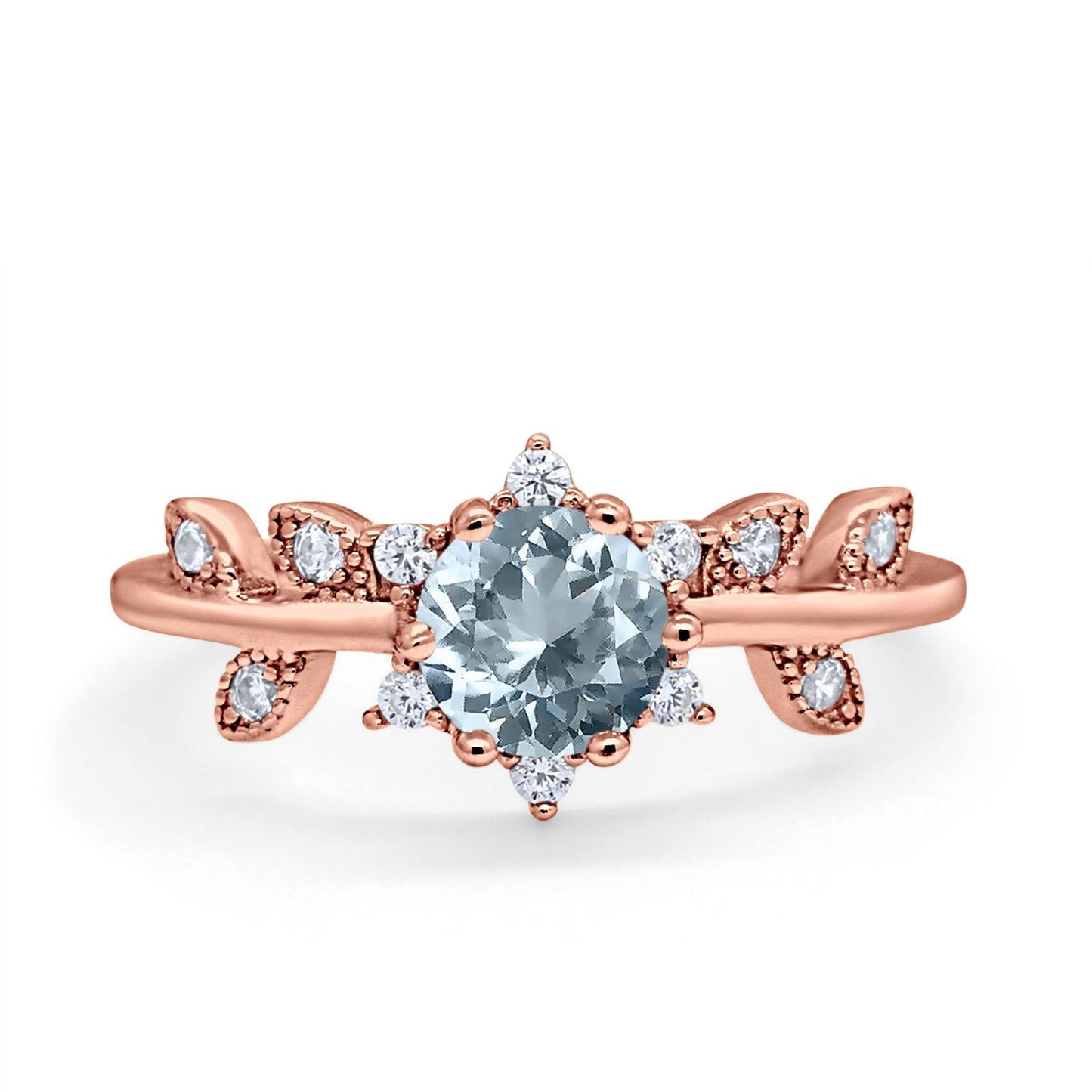 14K Rose Gold Round Natural Aquamarine G SI 1.02ct Diamond Engagement Ring Size 6.5