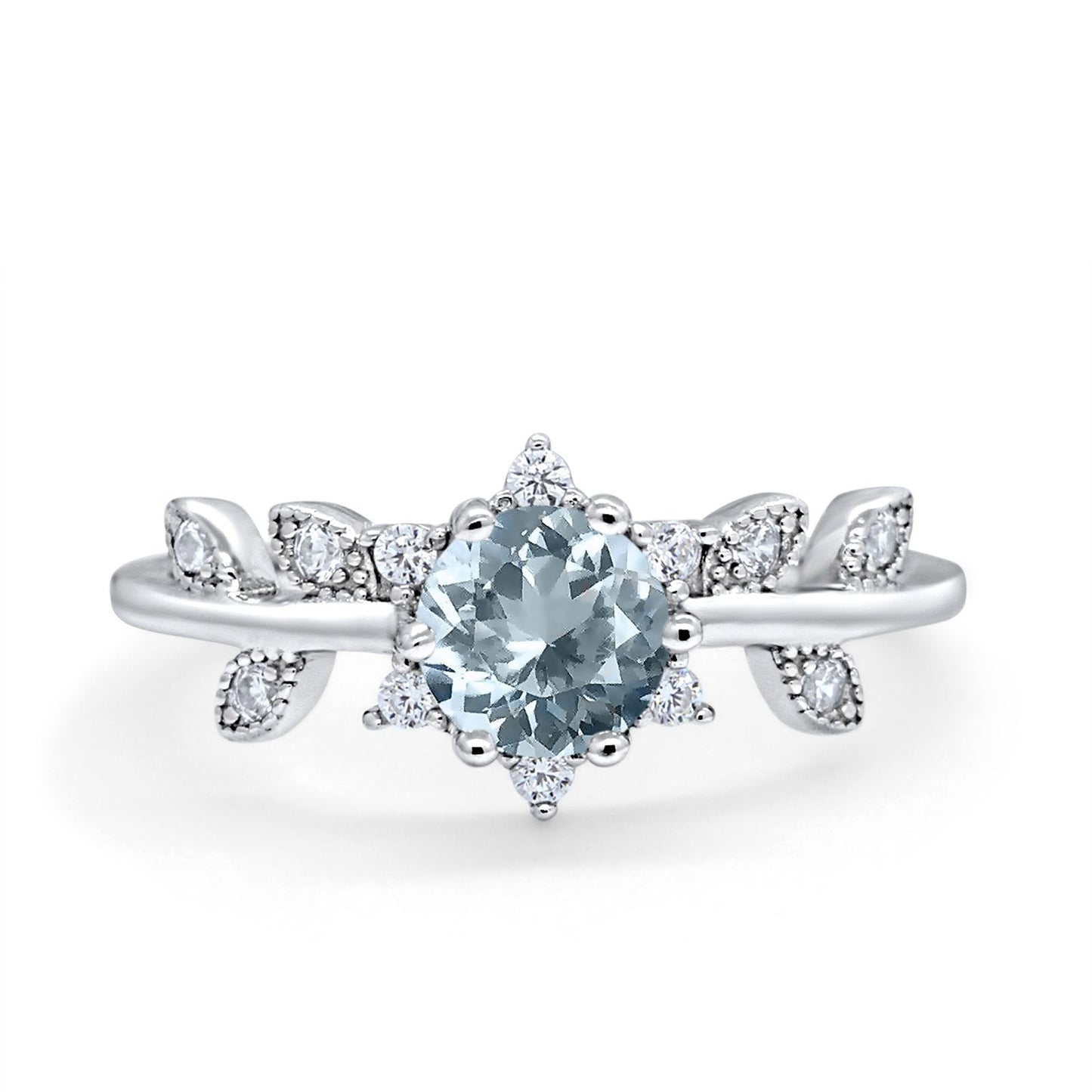 14K White Gold Round Natural Aquamarine G SI 1.02ct Diamond Engagement Ring Size 6.5