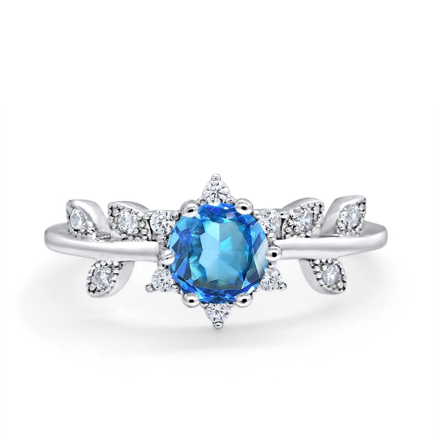 14K White Gold Round Natural Blue Topaz G SI 1.02ct Diamond Engagement Ring Size 6.5