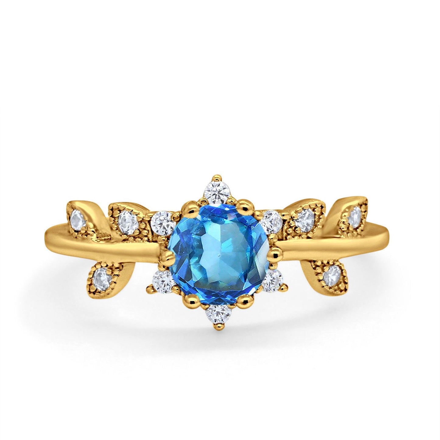 Bague de fiançailles en or jaune 14 carats avec topaze bleue naturelle ronde G SI 1,02 ct et diamant taille 6,5