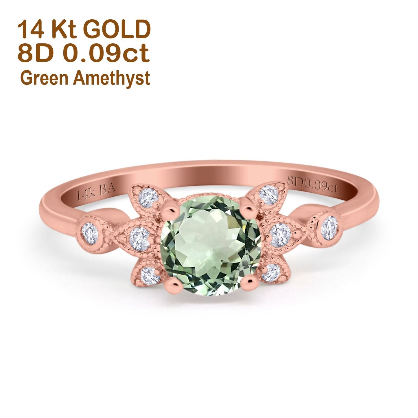 14K Rose Gold 1.37ct Round 7mm G SI Natural Green Amethyst Diamond Engagement Wedding Ring Size 6.5