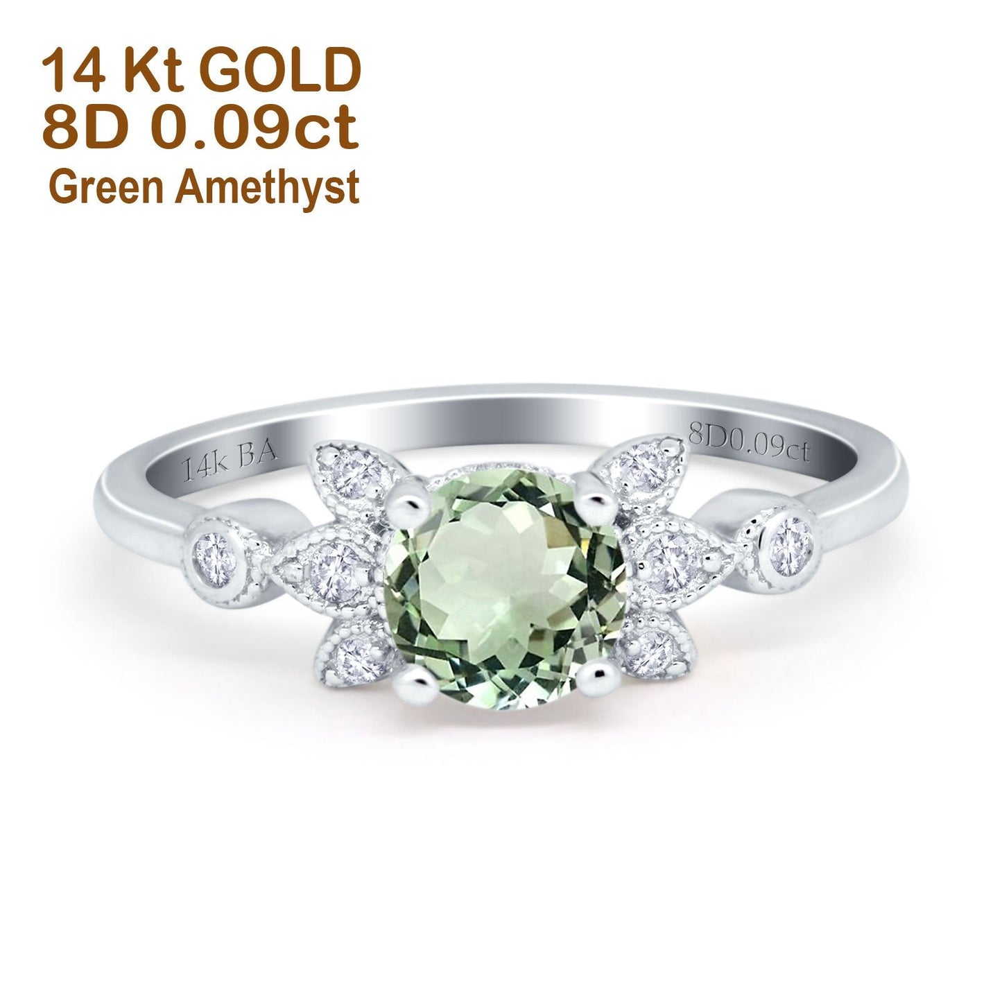 Bague de fiançailles en or blanc 14 carats avec diamant rond de 7 mm et améthyste verte naturelle G SI de 1,37 ct, taille 6,5