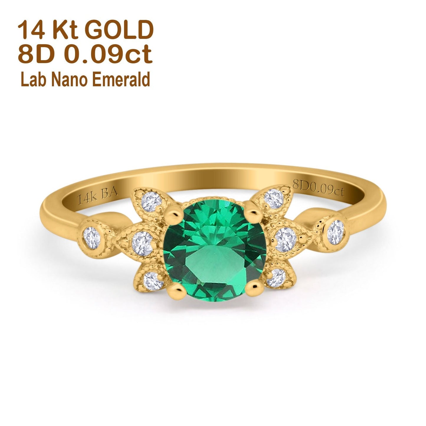 14K Yellow Gold 1.37ct Round 7mm G SI Nano Emerald Diamond Engagement Wedding Ring Size 6.5