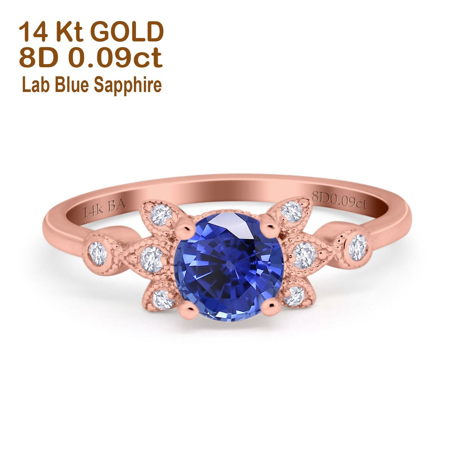 14K Rose Gold 1.37ct Round 7mm G SI Nano Blue Sapphire Diamond Engagement Wedding Ring Size 6.5