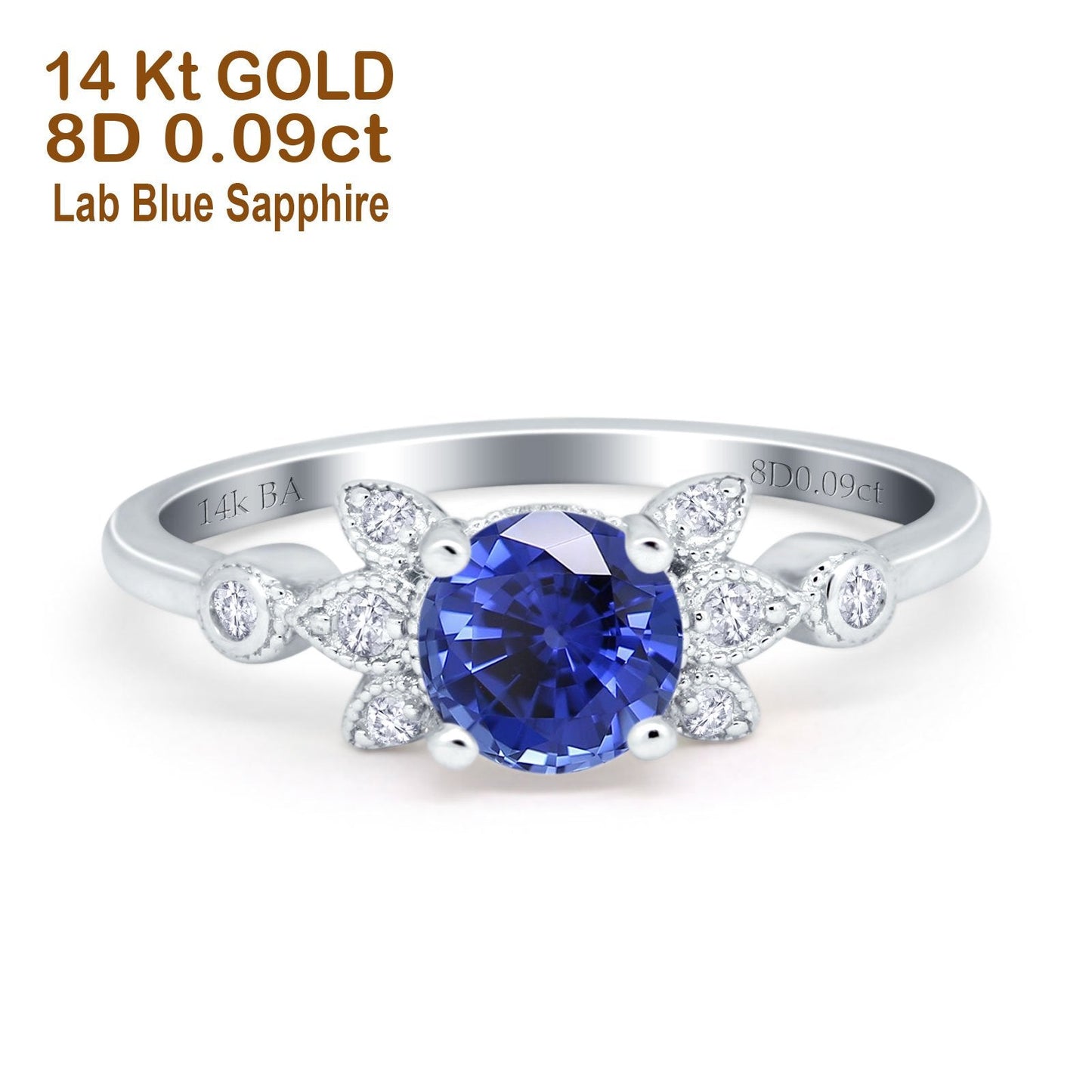 Bague de fiançailles en or blanc 14 carats avec diamant rond de 7 mm G SI Nano bleu saphir 1,37 ct, taille 6,5