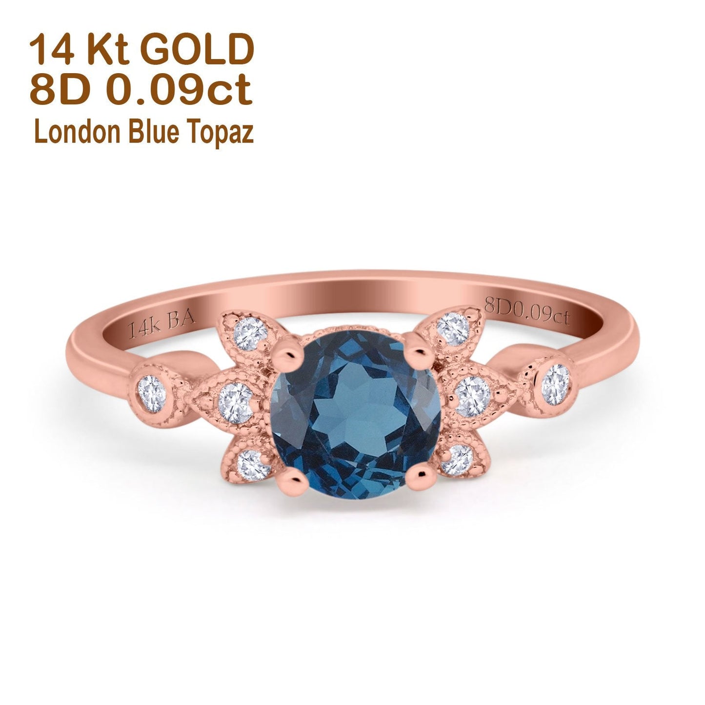 Bague de fiançailles en or rose 14 carats avec topaze bleue de Londres ronde de 7 mm G SI de 1,37 ct et diamant taille 6,5