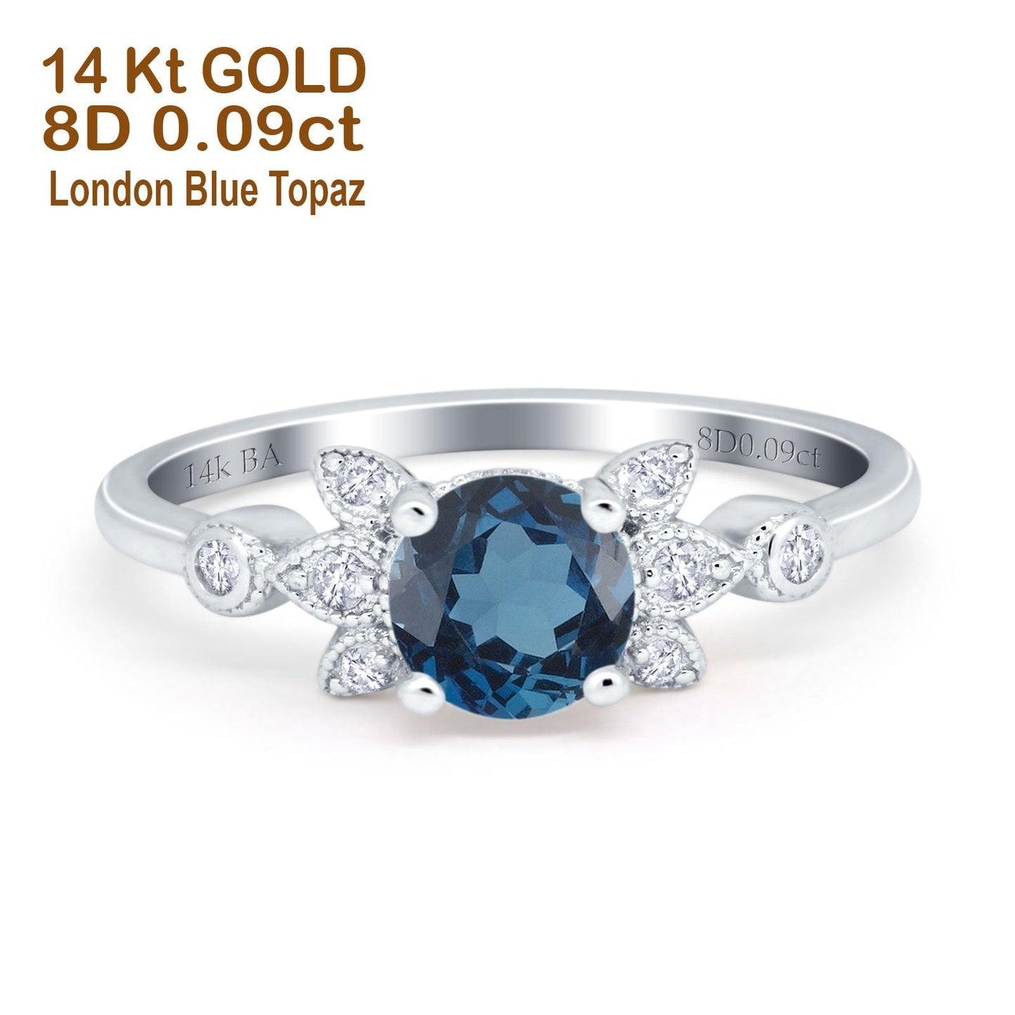 14K White Gold 1.37ct Round 7mm G SI London Blue Topaz Diamond Engagement Wedding Ring Size 6.5