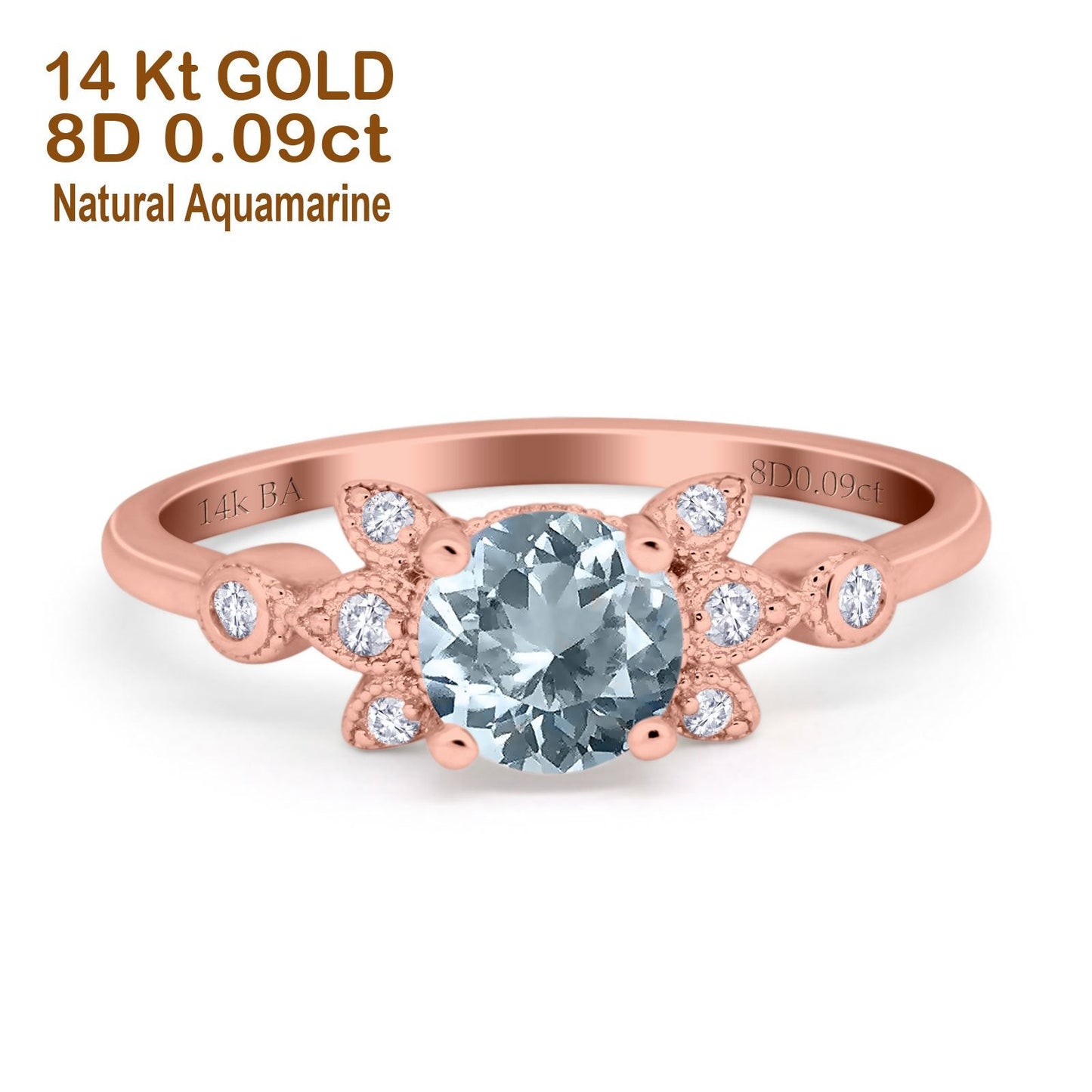 14K Rose Gold 1.37ct Round 7mm G SI Natural Aquamarine Diamond Engagement Wedding Ring Size 6.5