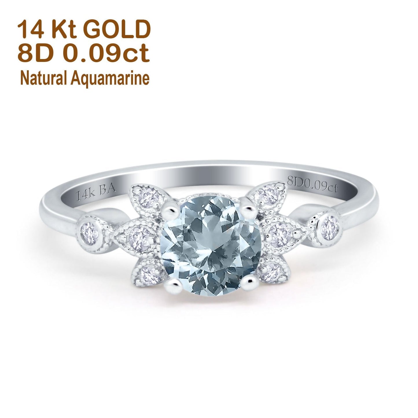 14K White Gold 1.37ct Round 7mm G SI Natural Aquamarine Diamond Engagement Wedding Ring Size 6.5