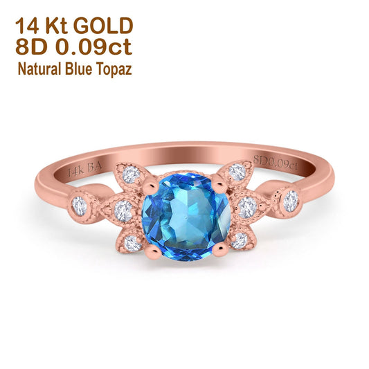 14K Rose Gold 1.37ct Round 7mm G SI Natural Blue Topaz Diamond Engagement Wedding Ring Size 6.5