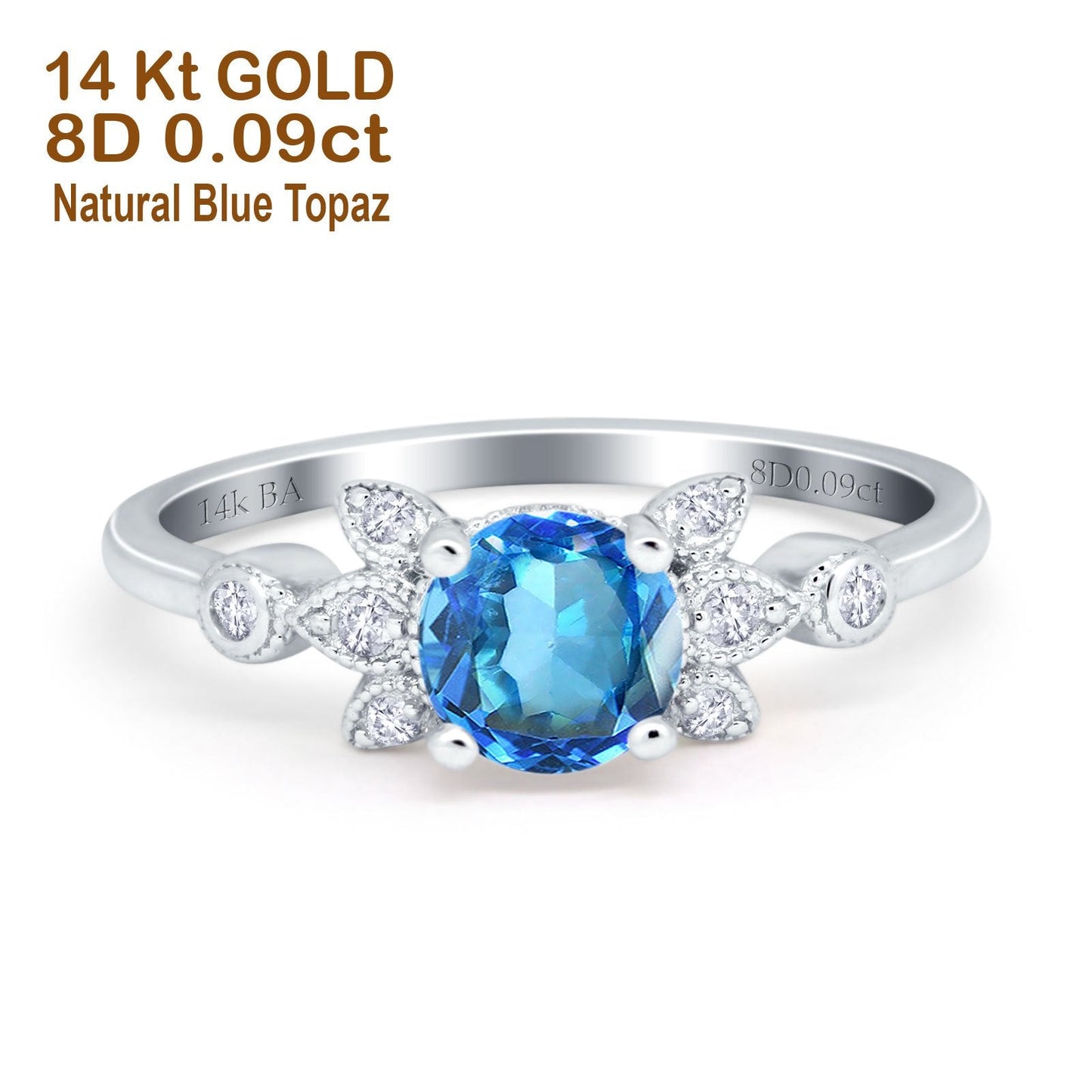 Bague de fiançailles en or blanc 14 carats avec topaze bleue naturelle ronde de 7 mm G SI de 1,37 ct et diamant taille 6,5