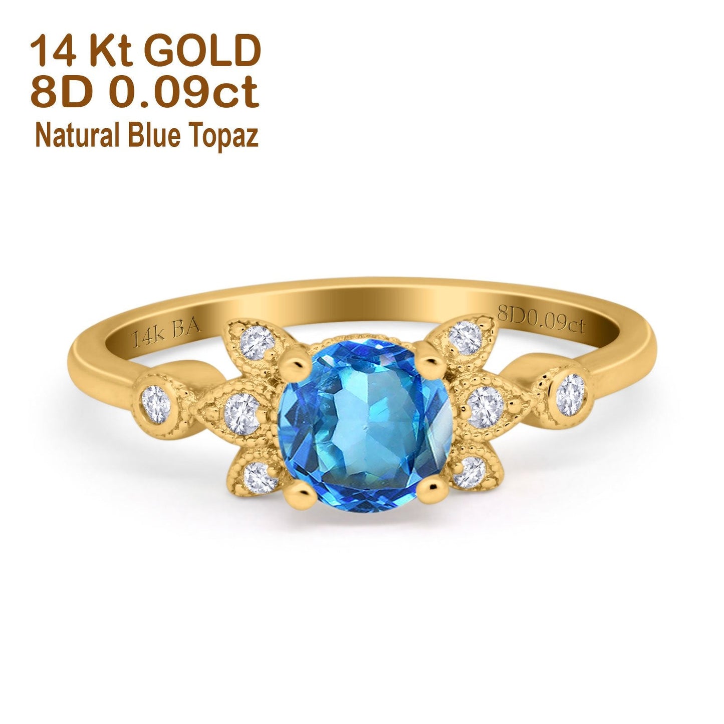 14K Yellow Gold 1.37ct Round 7mm G SI Natural Blue Topaz Diamond Engagement Wedding Ring Size 6.5