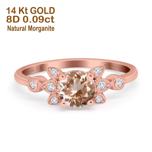 14K Rose Gold 1.37ct Round 7mm G SI Natural Morganite Diamond Engagement Wedding Ring Size 6.5