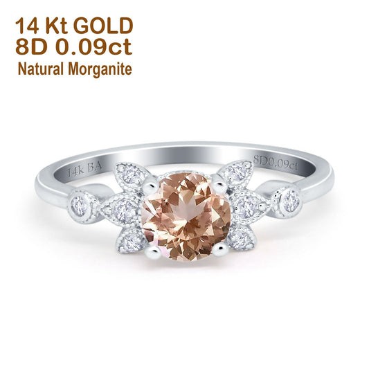 14K White Gold 1.37ct Round 7mm G SI Natural Morganite Diamond Engagement Wedding Ring Size 6.5