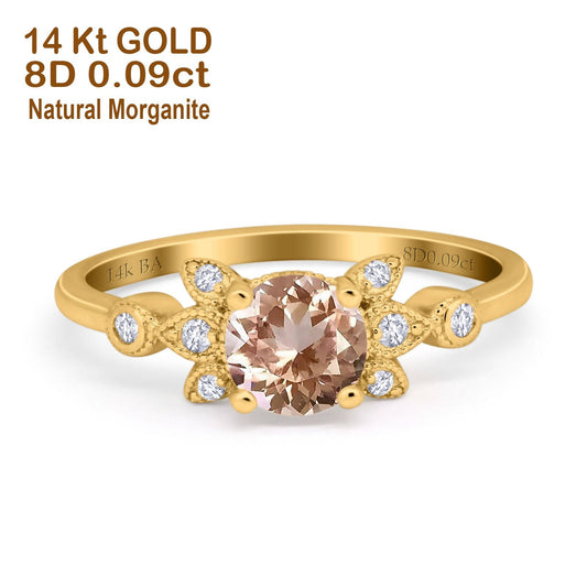 14K Yellow Gold 1.37ct Round 7mm G SI Natural Morganite Diamond Engagement Wedding Ring Size 6.5