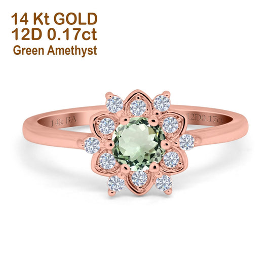 14K Rose Gold 1.01ct Round 6mm G SI Natural Green Amethyst Diamond Engagement Wedding Ring Size 6.5