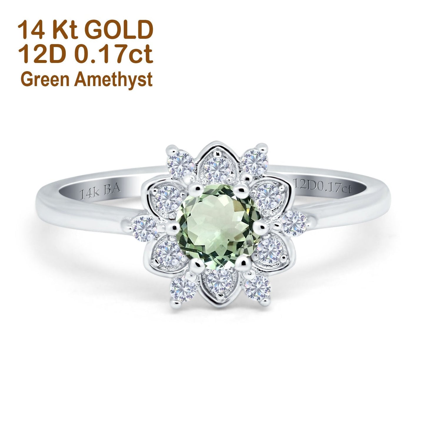 14K White Gold 1.01ct Round 6mm G SI Natural Green Amethyst Diamond Engagement Wedding Ring Size 6.5