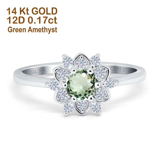 14K White Gold 1.01ct Round 6mm G SI Natural Green Amethyst Diamond Engagement Wedding Ring Size 6.5