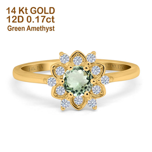 14K Yellow Gold 1.01ct Round 6mm G SI Natural Green Amethyst Diamond Engagement Wedding Ring Size 6.5