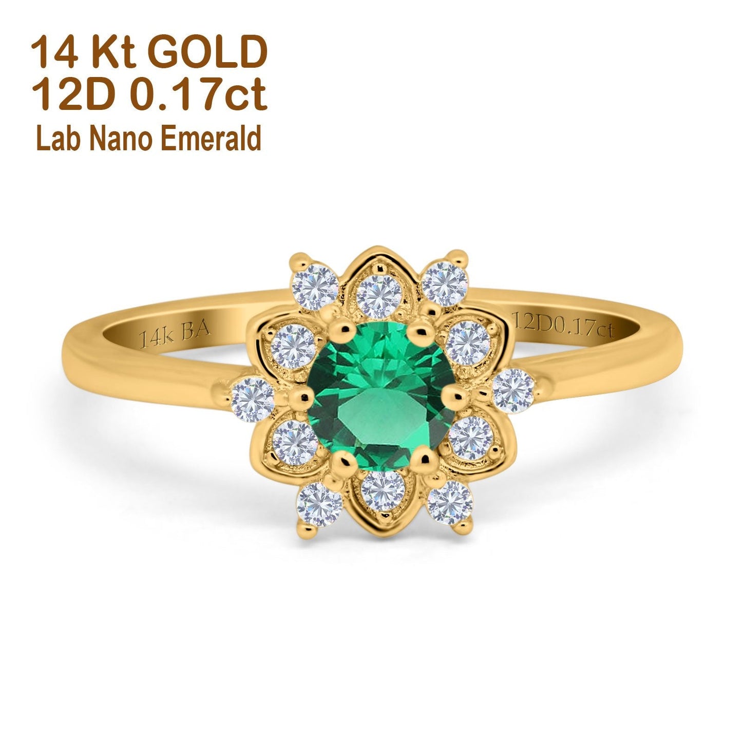 14K Yellow Gold 1.01ct Round 6mm G SI Nano Emerald Diamond Engagement Wedding Ring Size 6.5