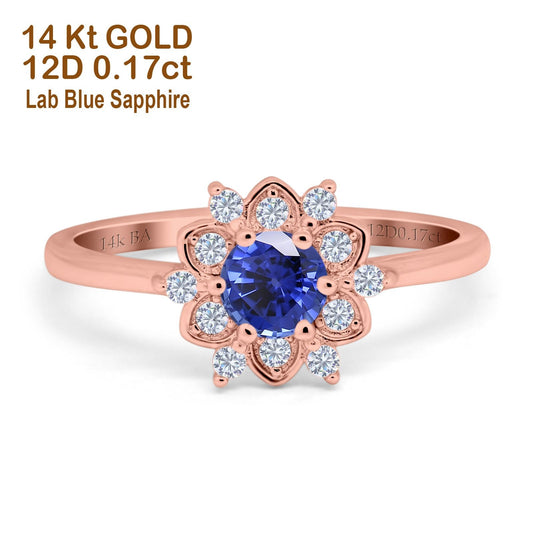 14K Rose Gold 1.01ct Round 6mm G SI Nano Blue Sapphire Diamond Engagement Wedding Ring Size 6.5