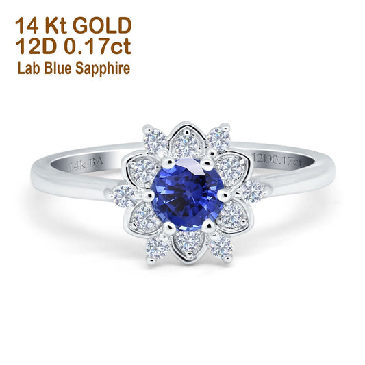 14K White Gold 1.01ct Round 6mm G SI Nano Blue Sapphire Diamond Engagement Wedding Ring Size 6.5