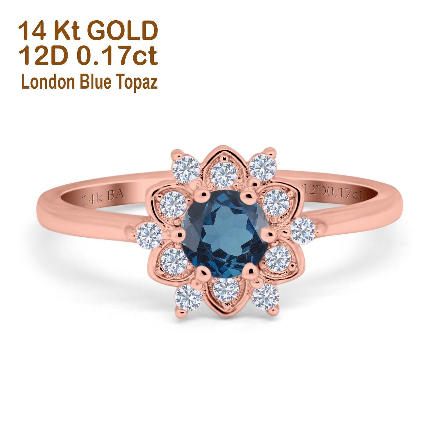 14K Rose Gold 1.01ct Round 6mm G SI London Blue Topaz Diamond Engagement Wedding Ring Size 6.5