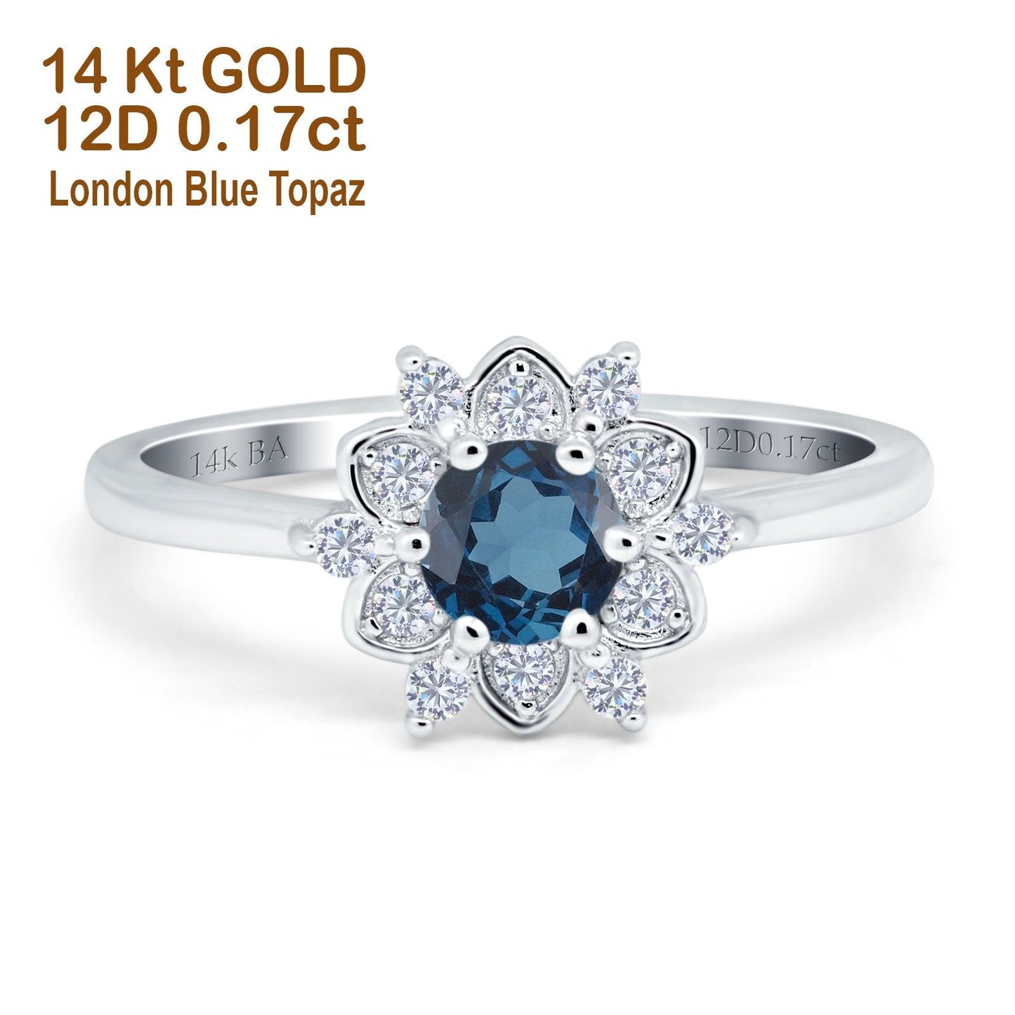 14K White Gold 1.01ct Round 6mm G SI London Blue Topaz Diamond Engagement Wedding Ring Size 6.5