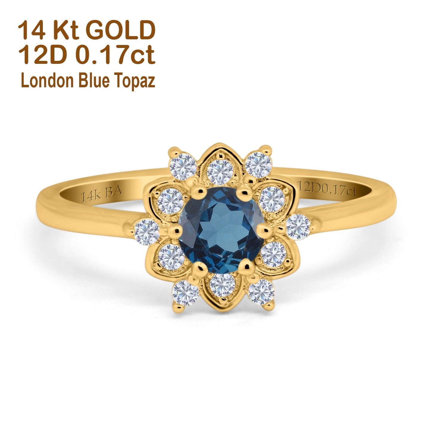 14K Yellow Gold 1.01ct Round 6mm G SI London Blue Topaz Diamond Engagement Wedding Ring Size 6.5