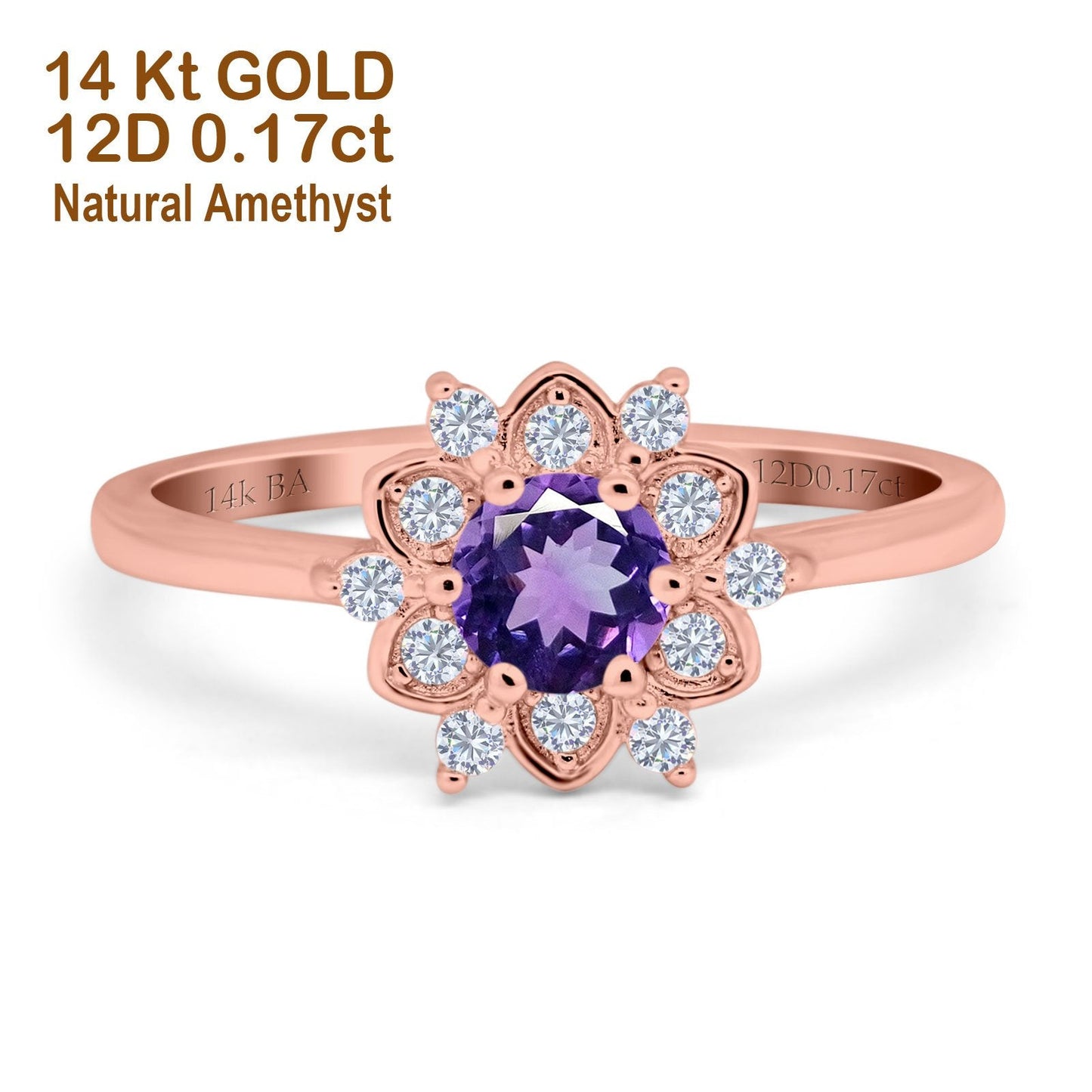 14K Rose Gold 1.01ct Round 6mm G SI Natural Amethyst Diamond Engagement Wedding Ring Size 6.5