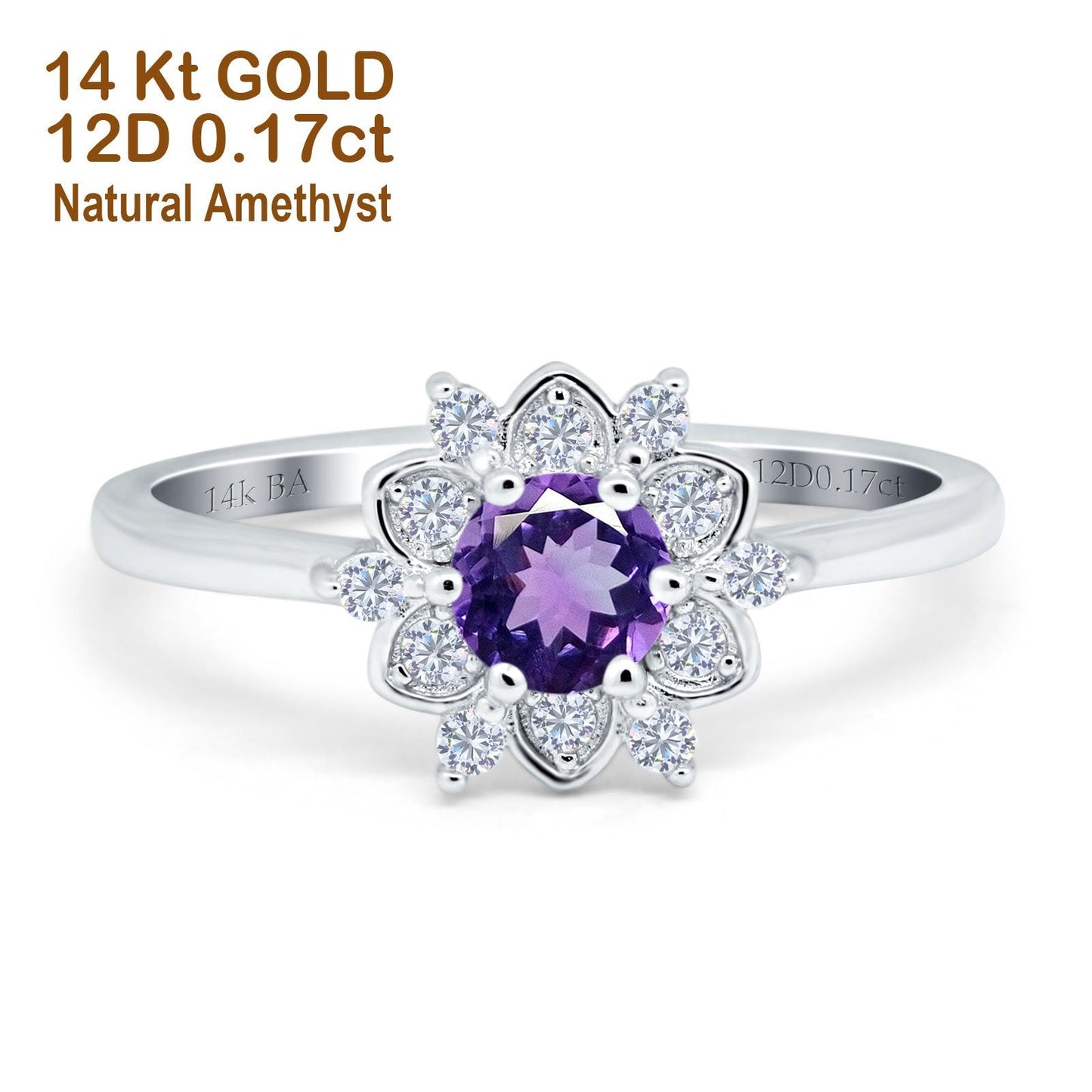 14K White Gold 1.01ct Round 6mm G SI Natural Amethyst Diamond Engagement Wedding Ring Size 6.5