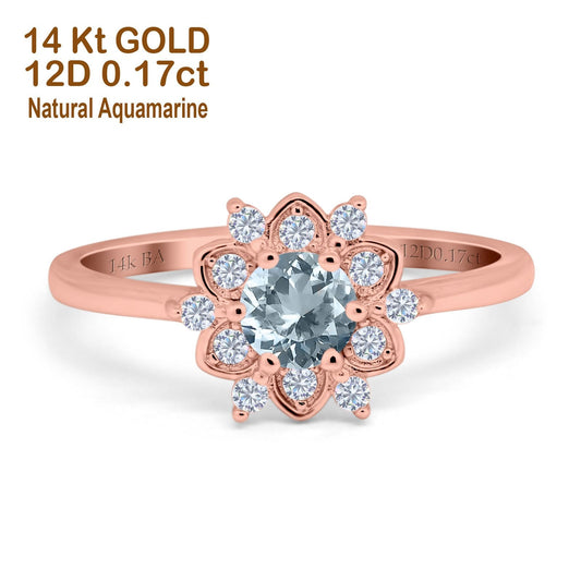 14K Rose Gold 1.01ct Round 6mm G SI Natural Aquamarine Diamond Engagement Wedding Ring Size 6.5