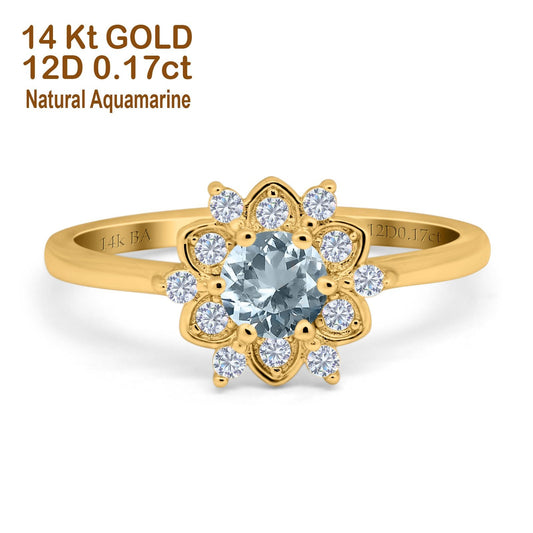 14K Yellow Gold 1.01ct Round 6mm G SI Natural Aquamarine Diamond Engagement Wedding Ring Size 6.5