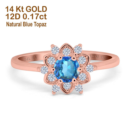 14K Rose Gold 1.01ct Round 6mm G SI Natural Blue Topaz Diamond Engagement Wedding Ring Size 6.5