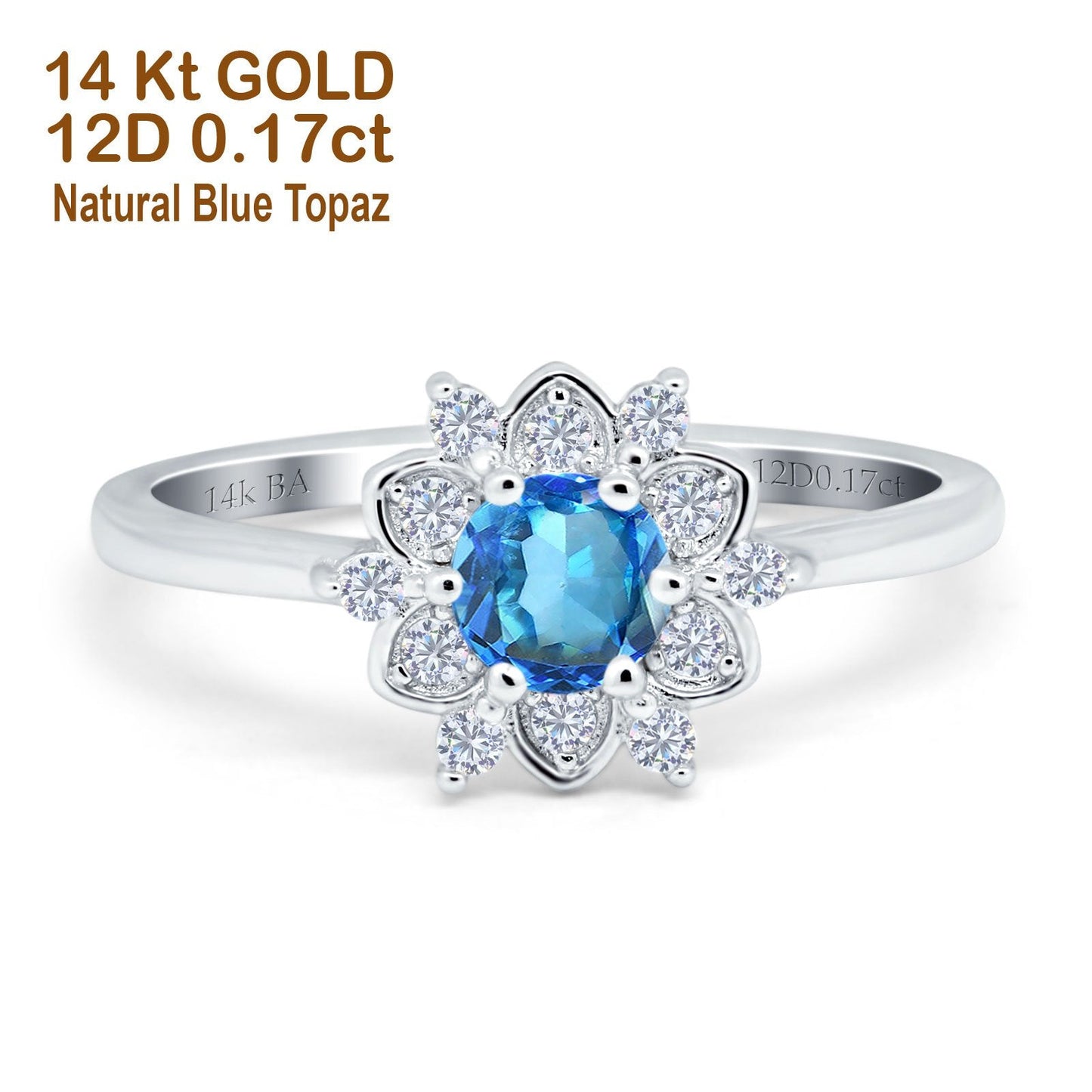 14K White Gold 1.01ct Round 6mm G SI Natural Blue Topaz Diamond Engagement Wedding Ring Size 6.5