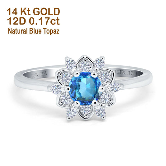 14K White Gold 1.01ct Round 6mm G SI Natural Blue Topaz Diamond Engagement Wedding Ring Size 6.5