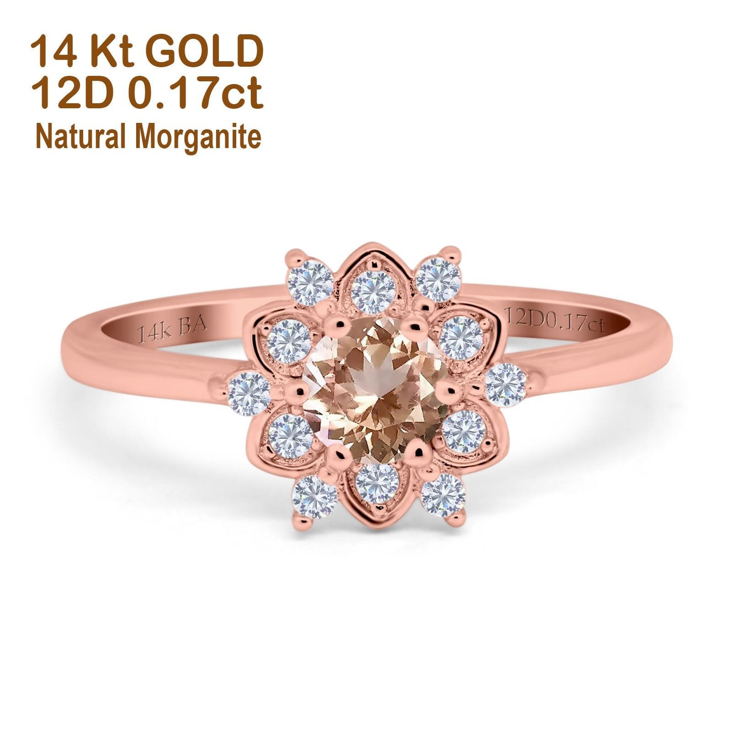 14K Rose Gold 1.01ct Round 6mm G SI Natural Morganite Diamond Engagement Wedding Ring Size 6.5