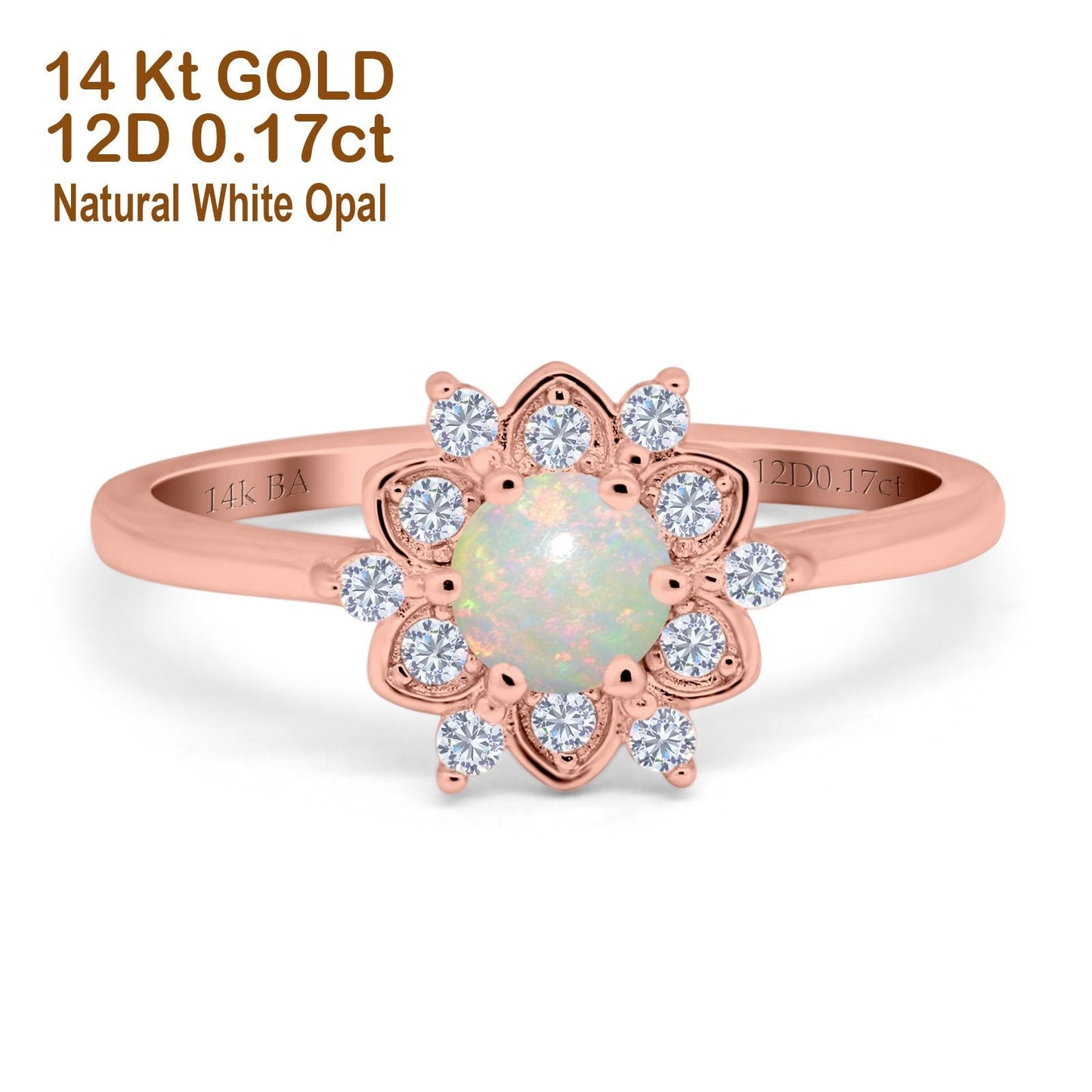 14K Rose Gold 0.17ct Round 6mm G SI Natural White Opal Diamond Engagement Wedding Ring Size 6.5