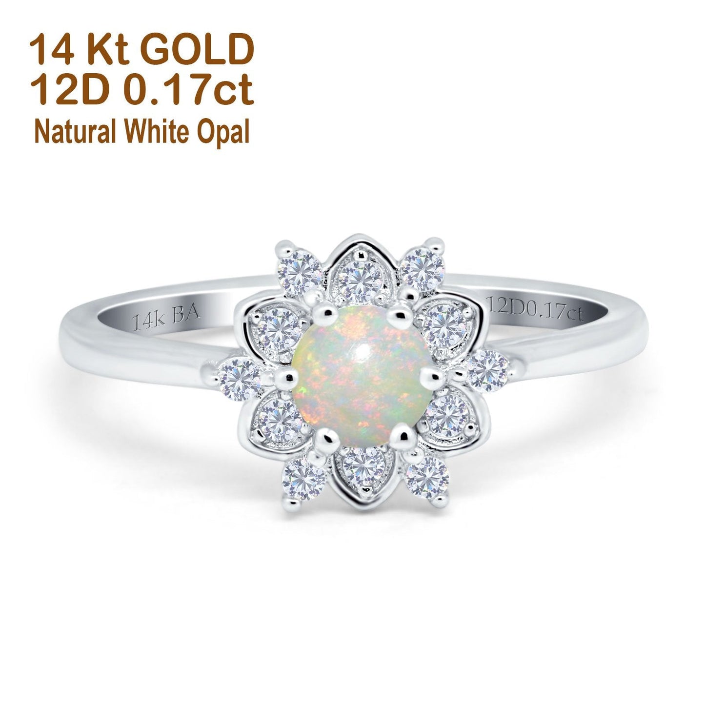 14K White Gold 0.17ct Round 6mm G SI Natural White Opal Diamond Engagement Wedding Ring Size 6.5