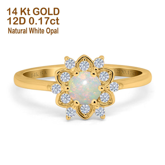 14K Yellow Gold 0.17ct Round 6mm G SI Natural White Opal Diamond Engagement Wedding Ring Size 6.5