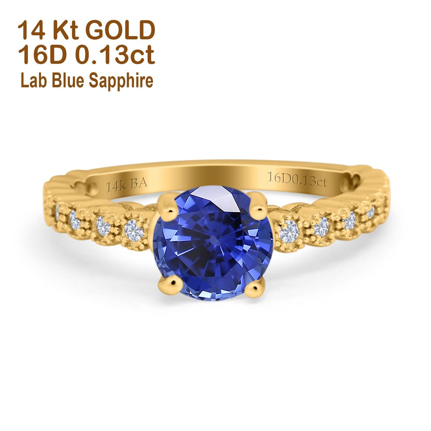 14K Yellow Gold 1.16ct Round 6.5mm G SI Nano Blue Sapphire Diamond Engagement Wedding Ring Size 6.5