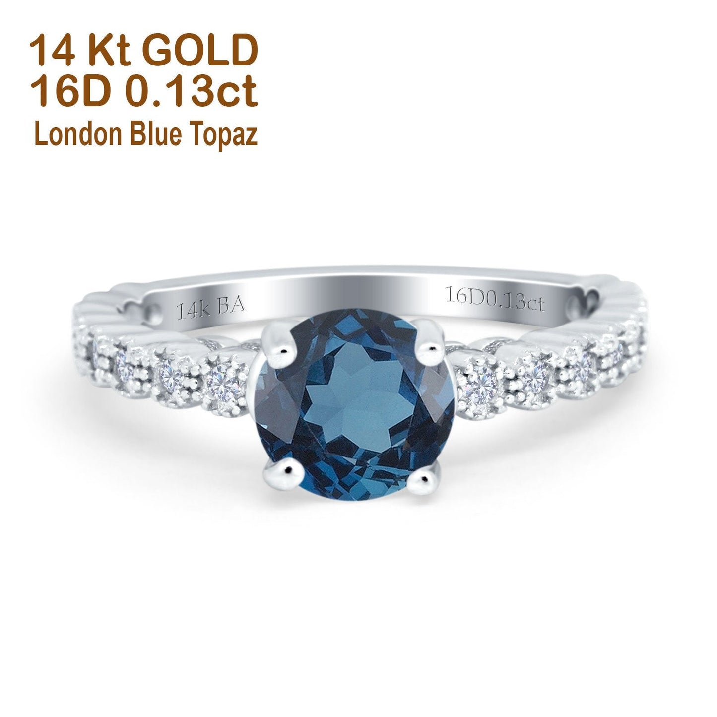 14K White Gold 1.16ct Round 6.5mm G SI London Blue Topaz Diamond Engagement Wedding Ring Size 6.5